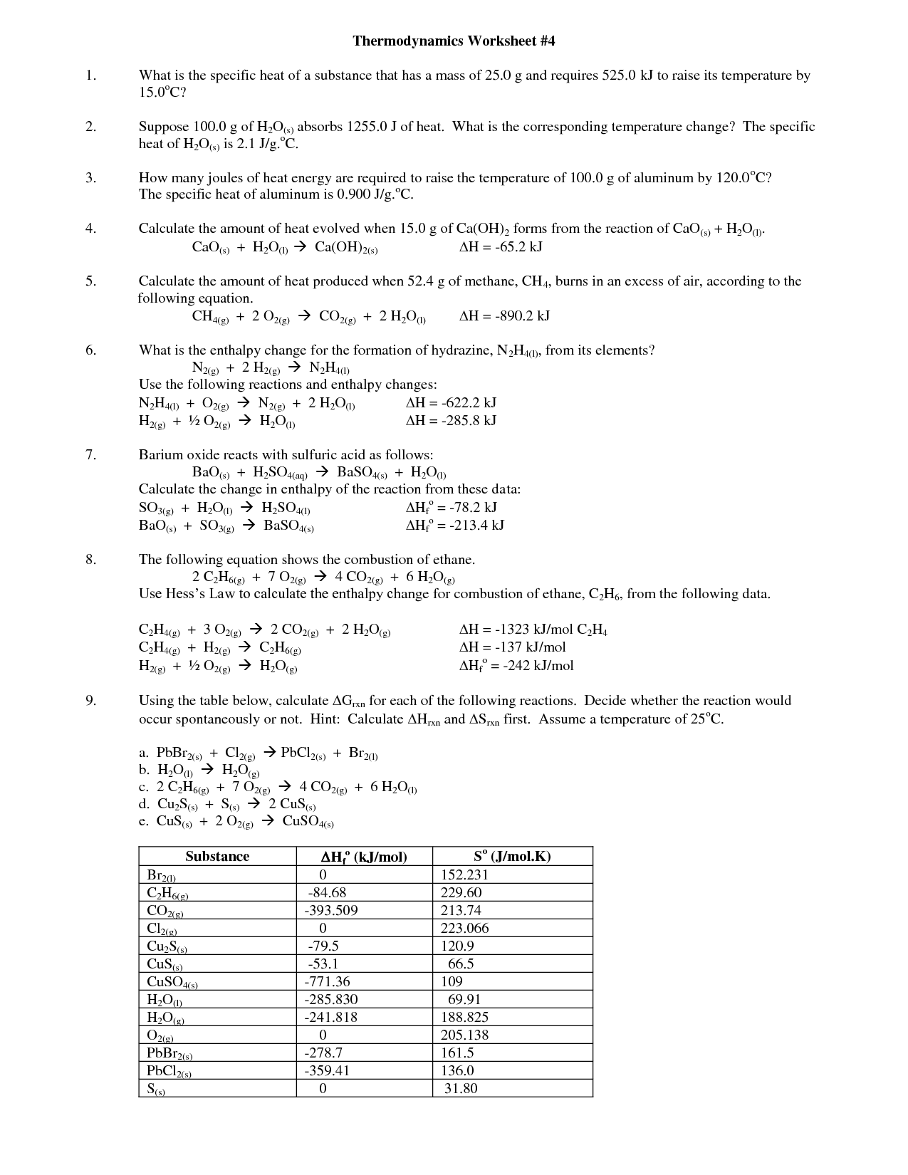 Gibbs Free Energy Worksheet
