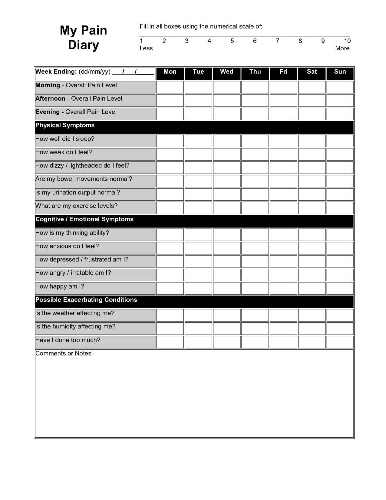 Free Printable Pain Diary Template