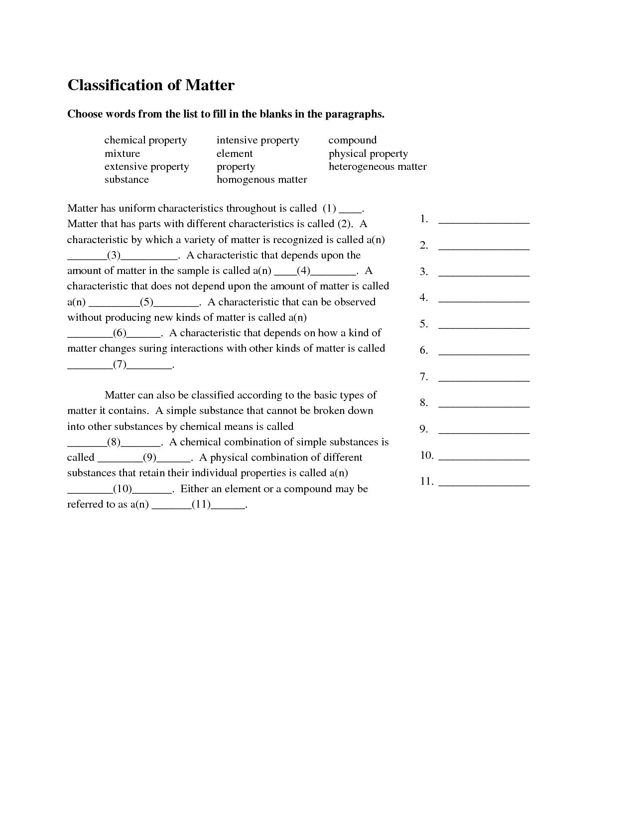Classification Of Matter Worksheet Answer Key