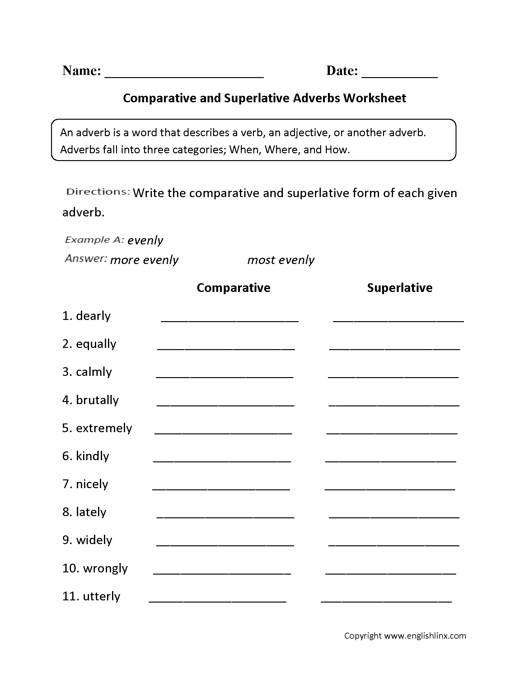 Comparative And Superlative Adverb Worksheet