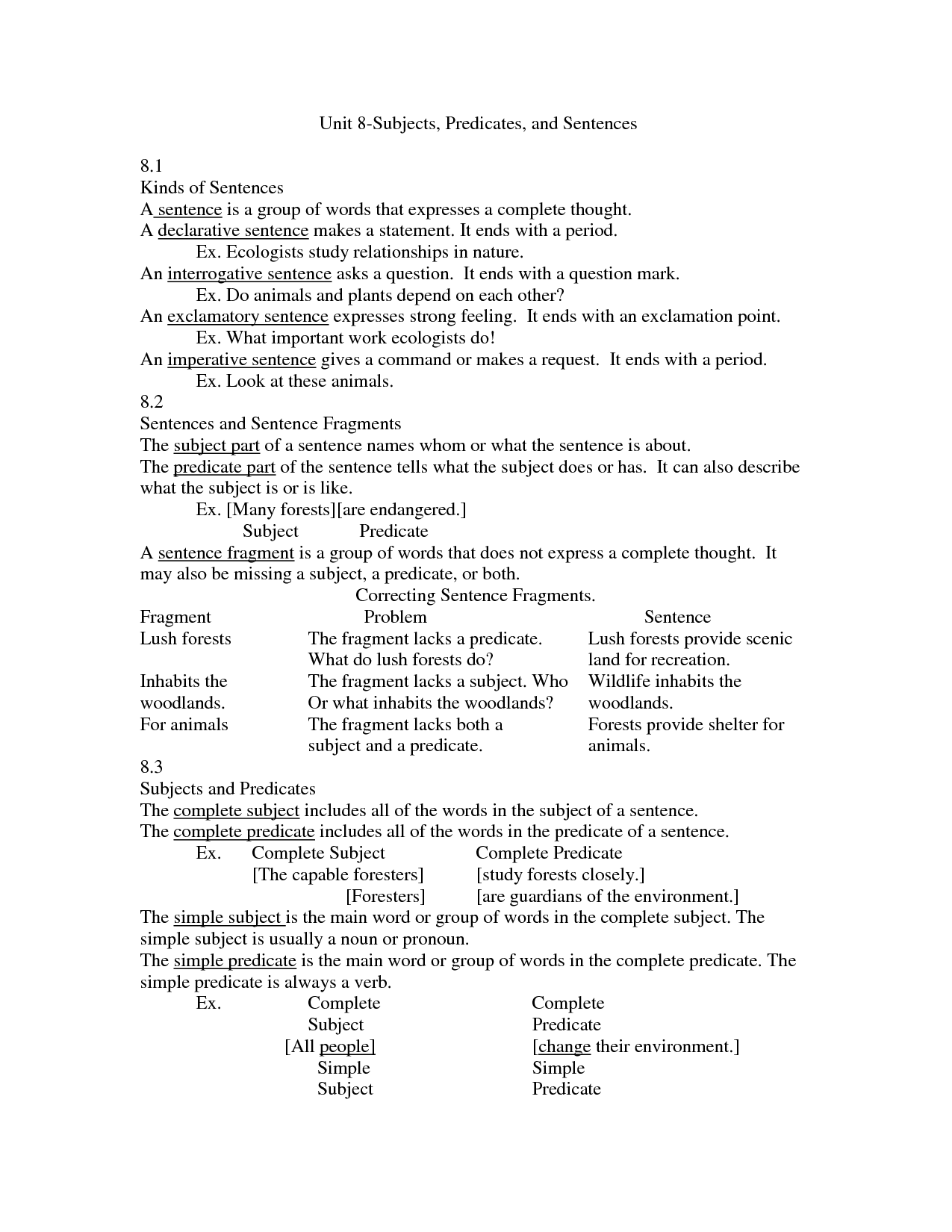 Parts Of A Sentence Worksheet With Answers Pdf