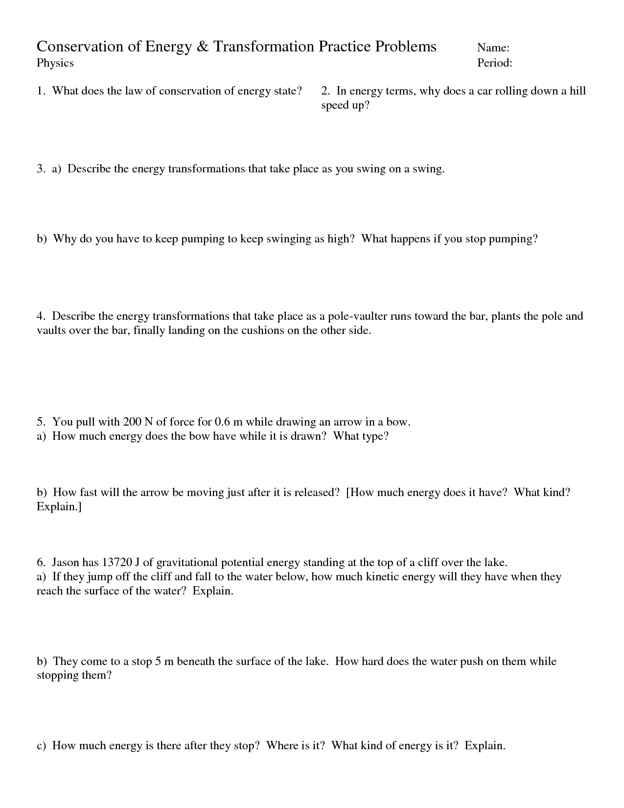 Conservation Of Energy Worksheet Answers