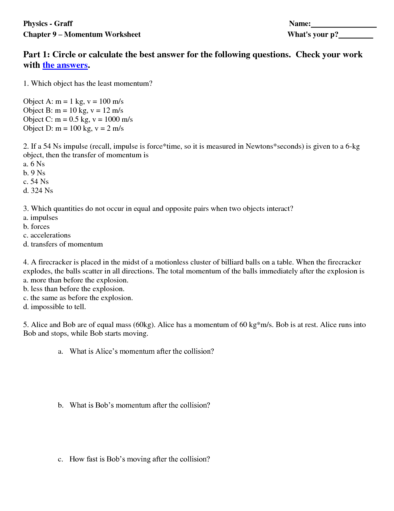 Conservation Of Energy Worksheet Answers