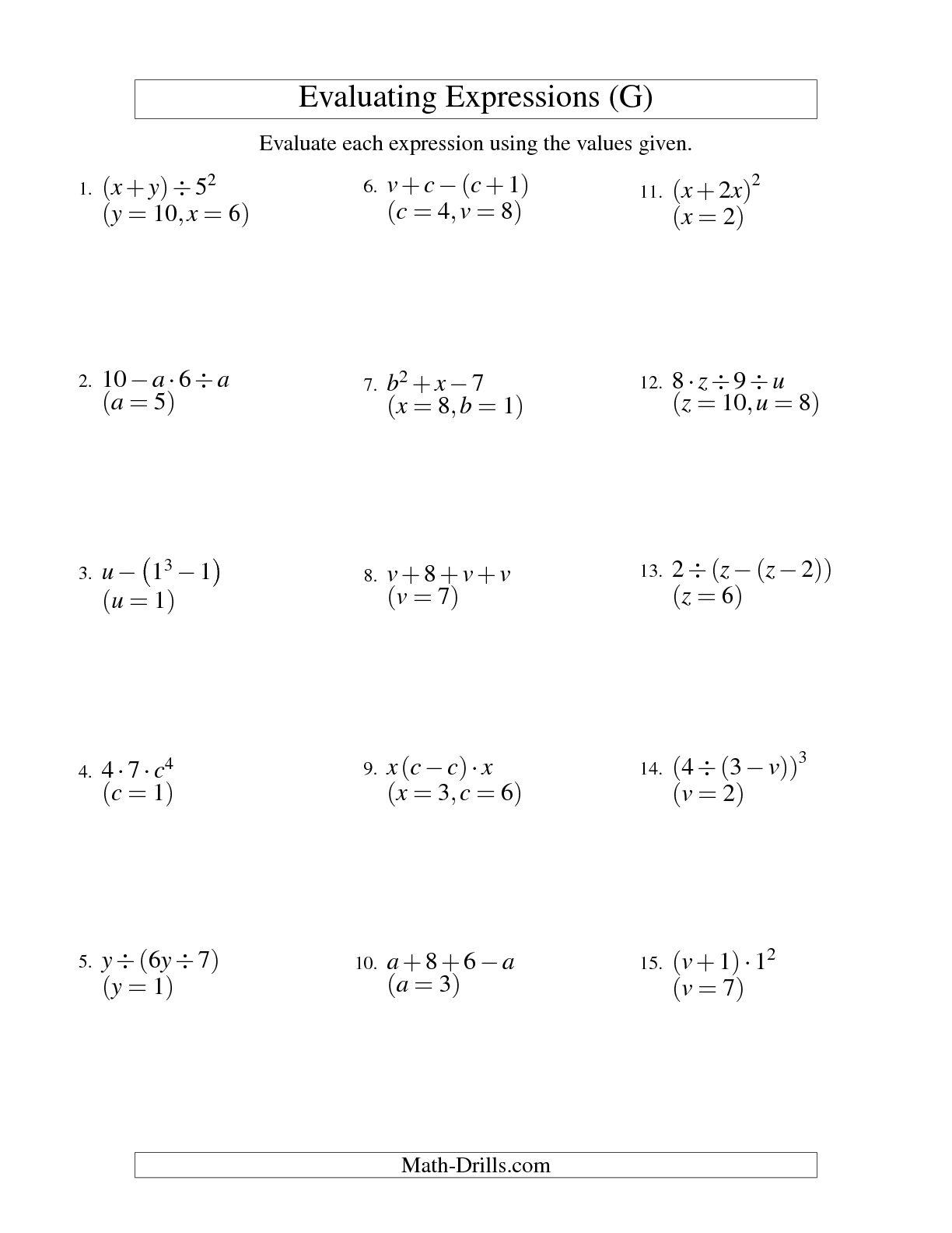 expressions-with-variables-worksheet