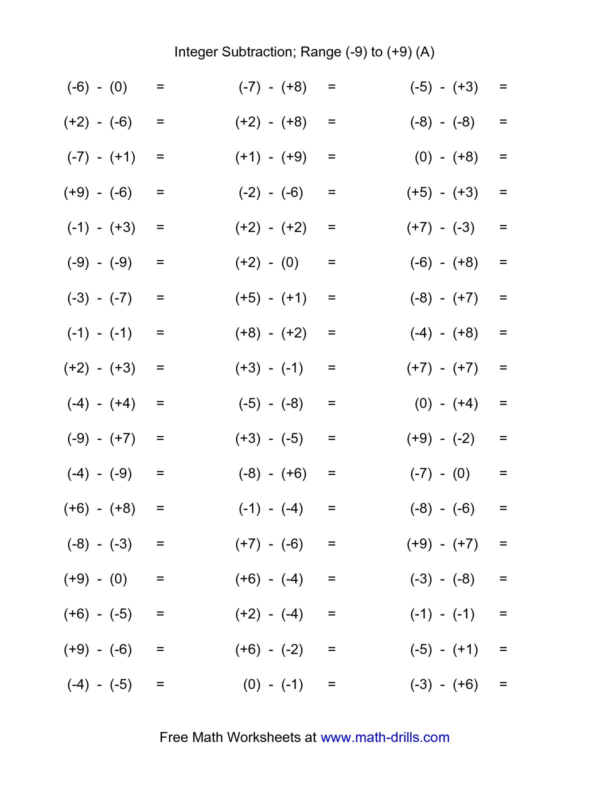 Free Printable Worksheets Adding And Subtracting Integers Pdf
