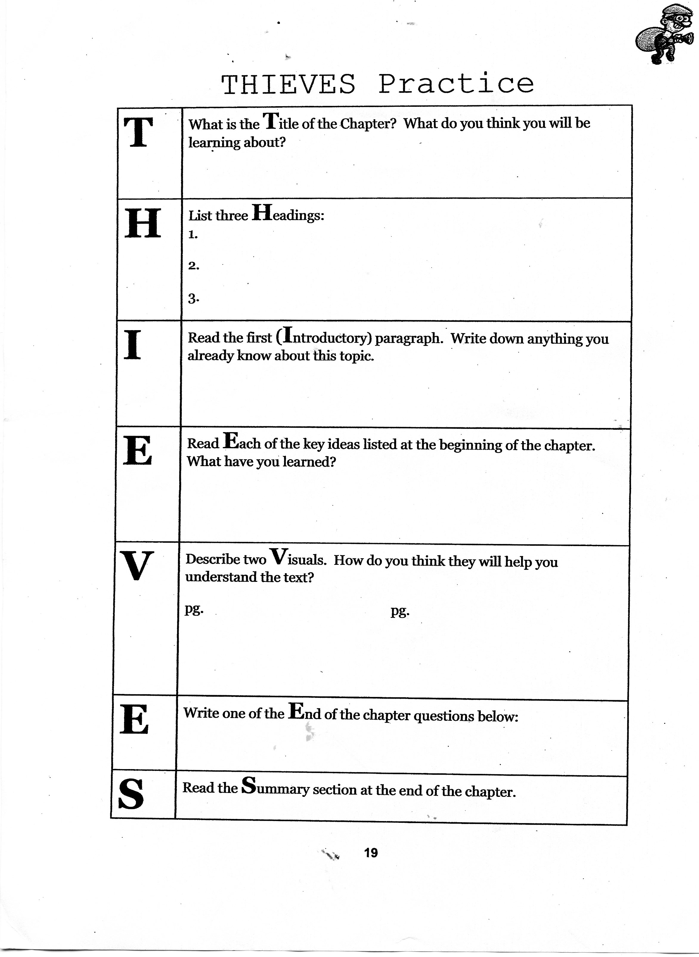 Thieves Reading Strategy Worksheet