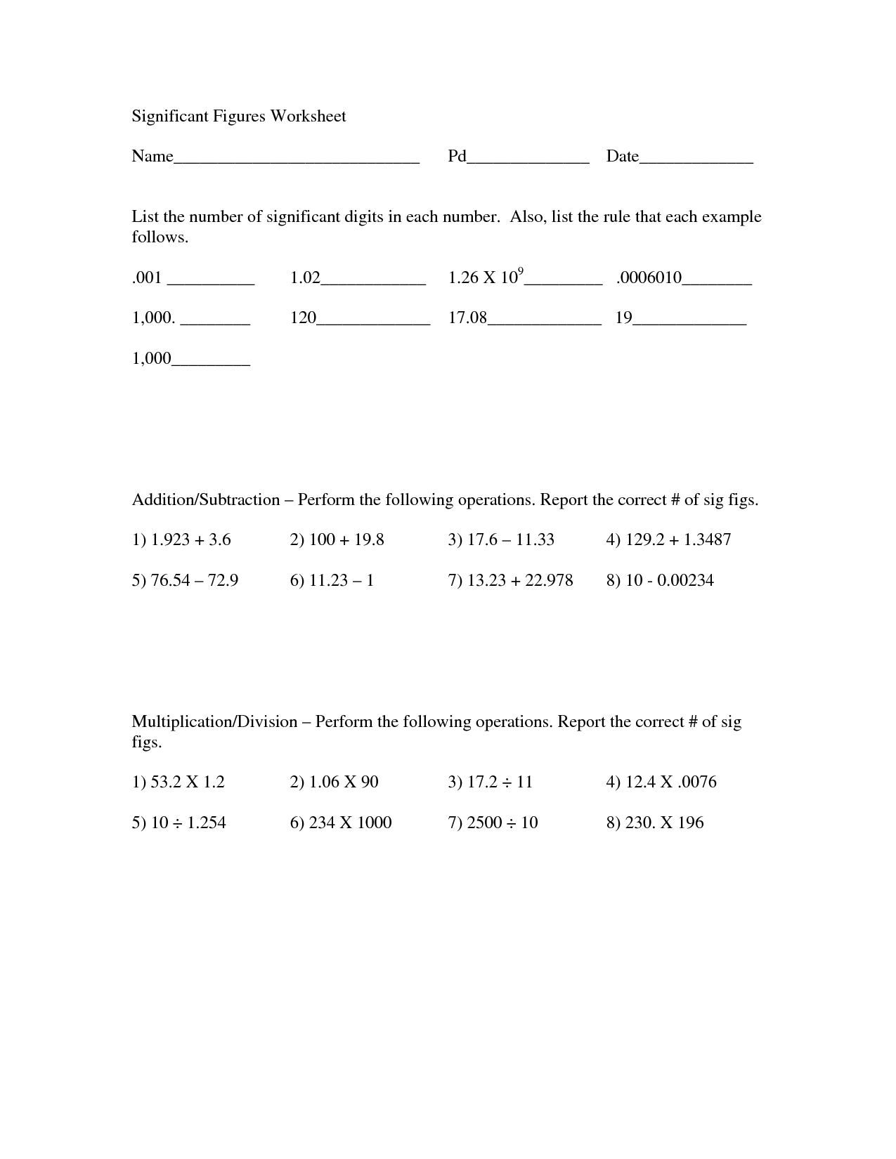 Calculations Using Significant Figures Worksheet