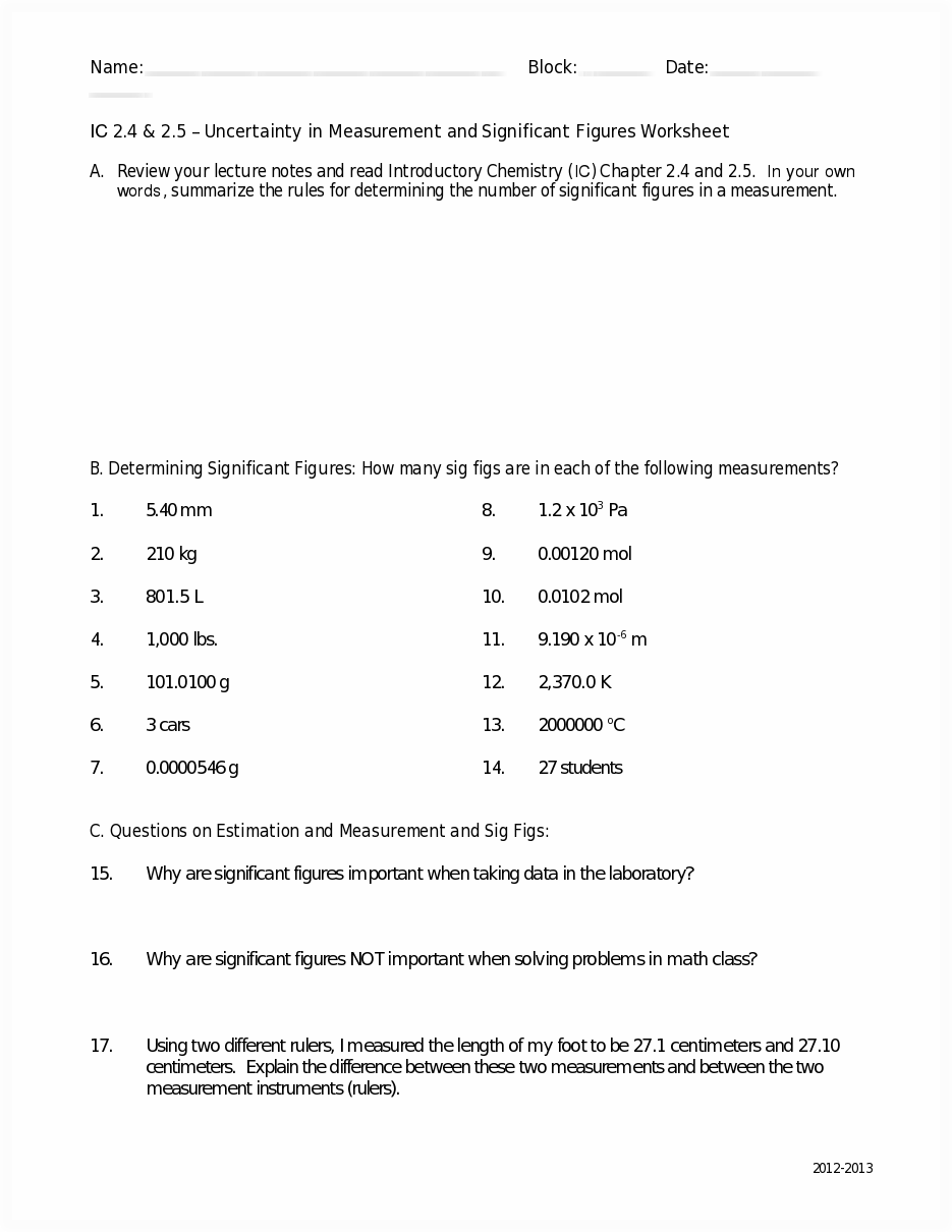 Calculations Using Significant Figures Worksheet