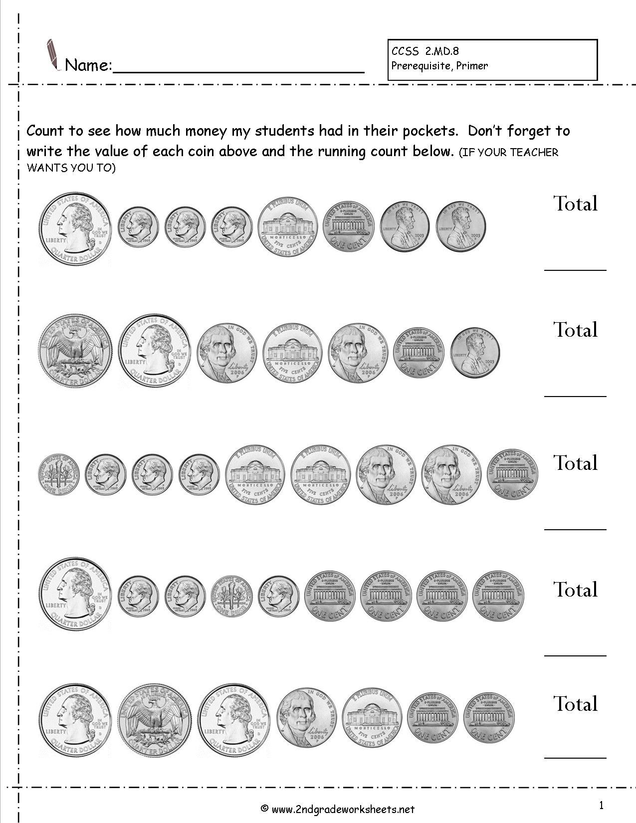 Counting Coins Worksheets 2nd Grade