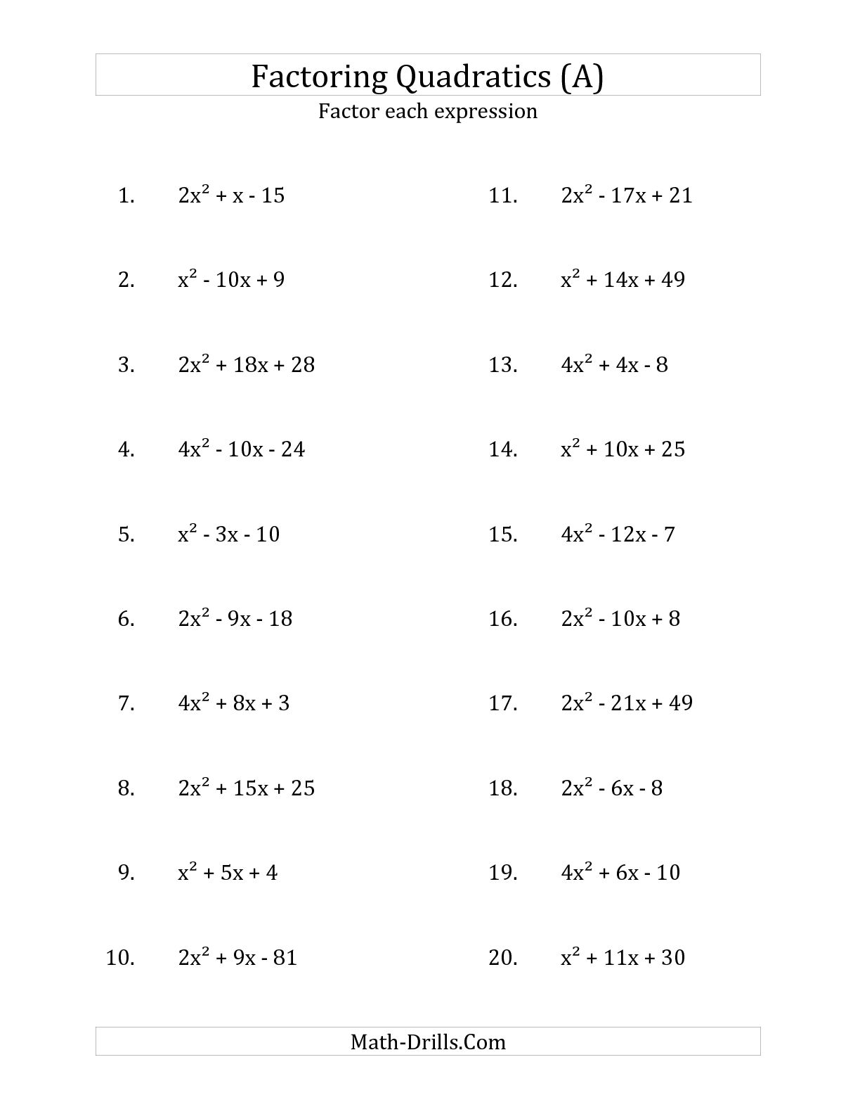 Quadratic Word Problems Worksheet