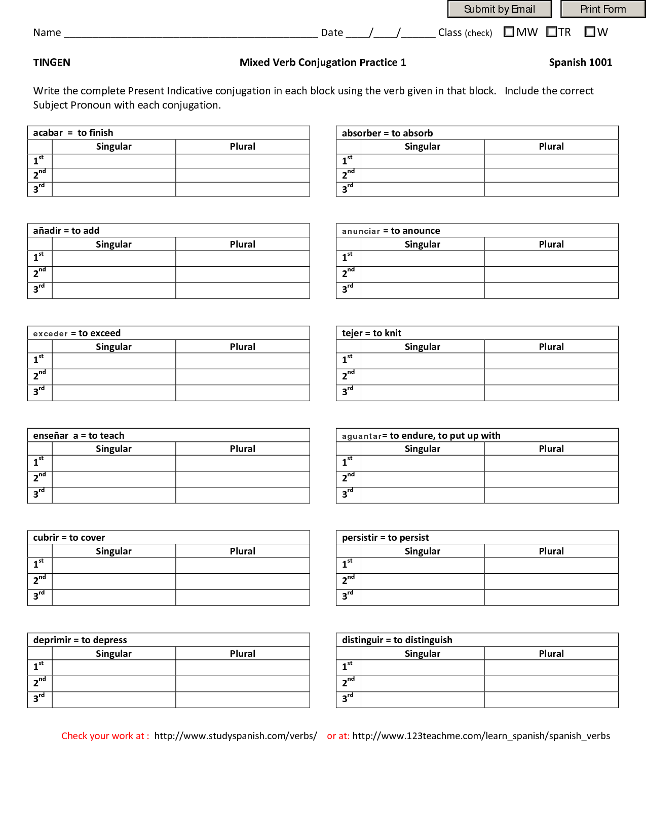 Conjugation Of Regular Verbs In Spanish Worksheet Answers 1 2 Ejercicio