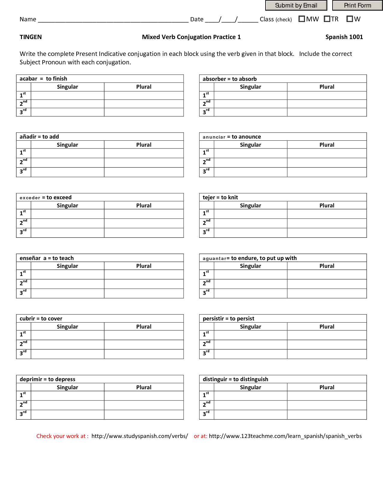 Verb Conjugations In Spanish Worksheets