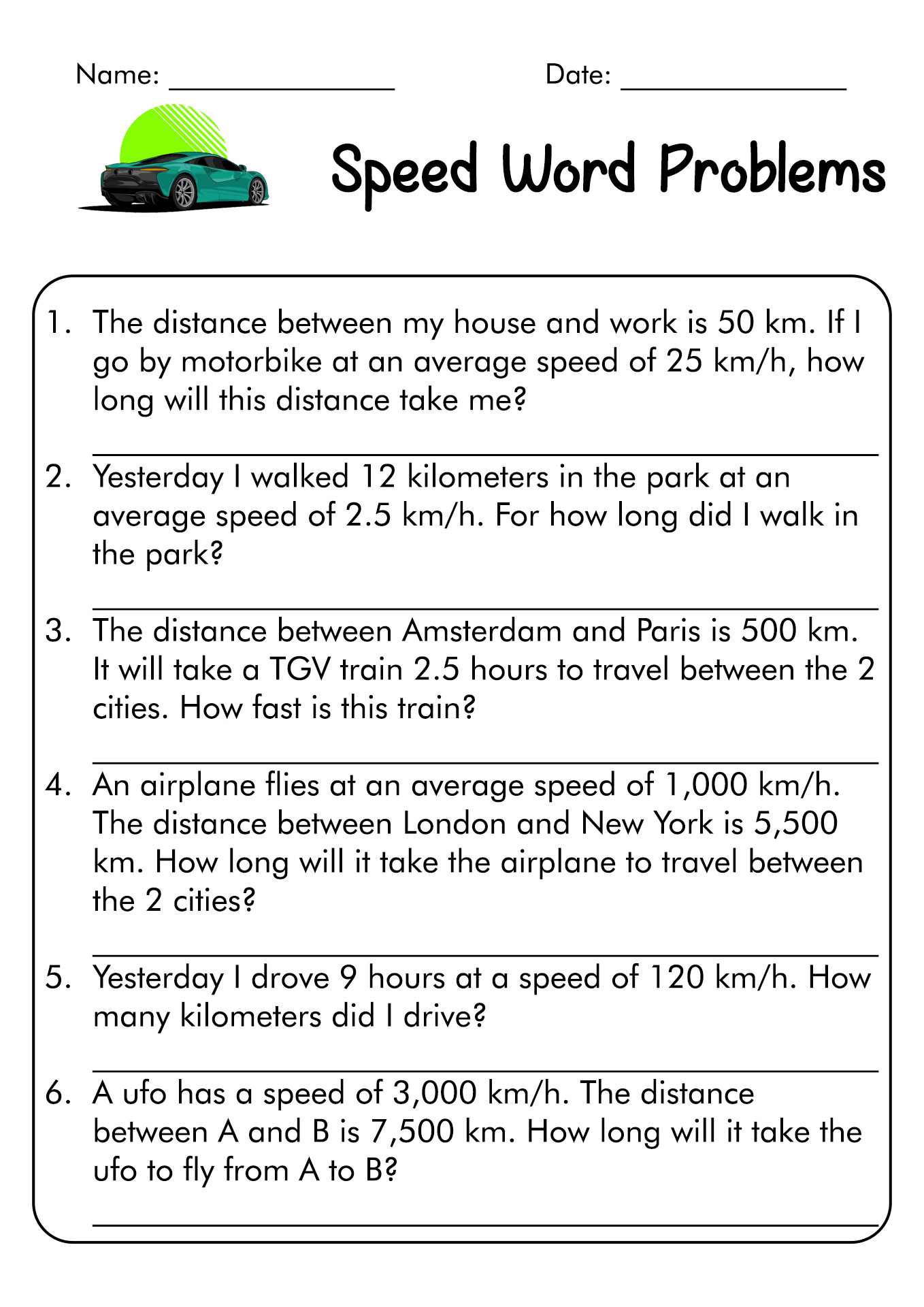 Speed Distance Time Worksheet With Answers