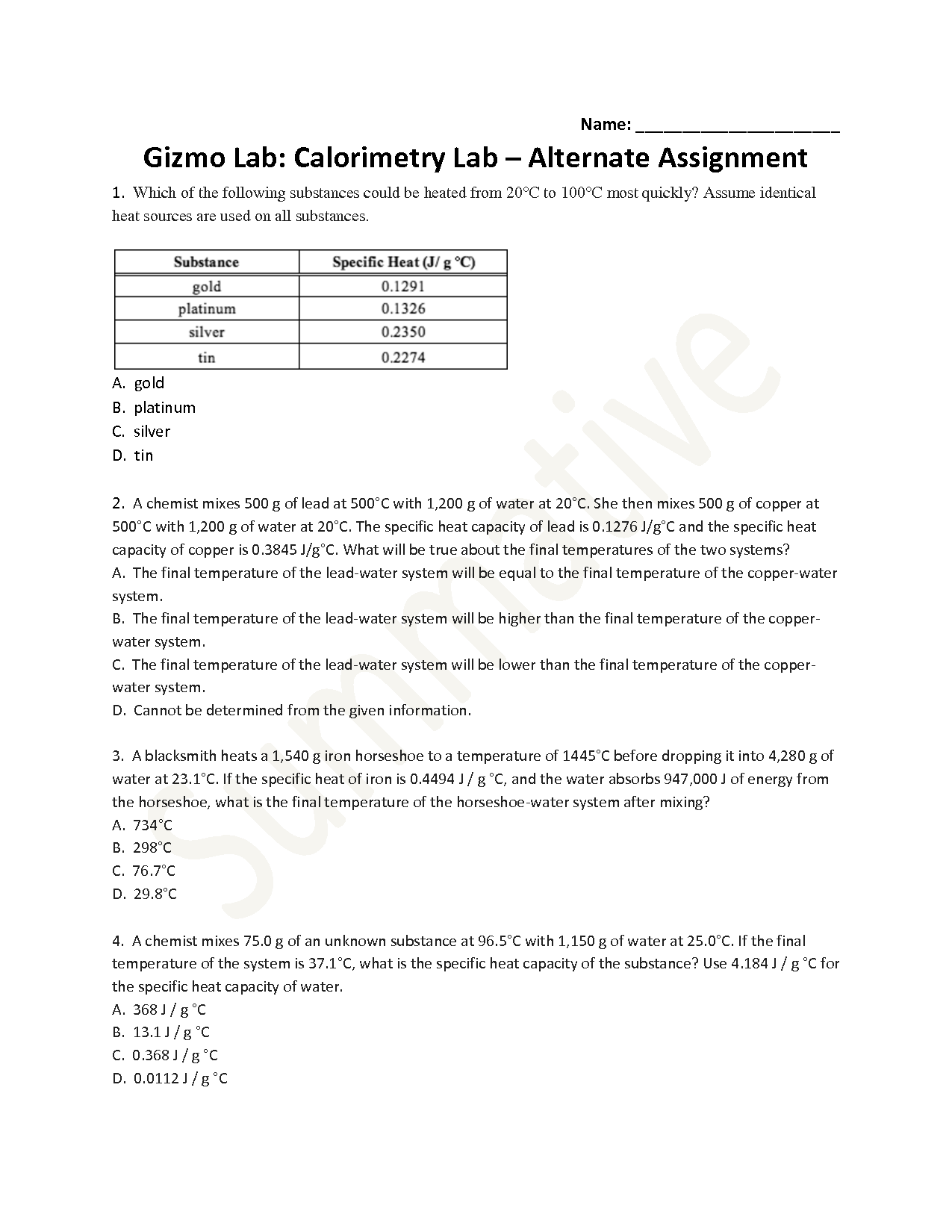 Calorimetry Worksheet Answer Key