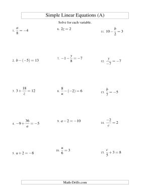 Algebra Solving Linear Equations Worksheets