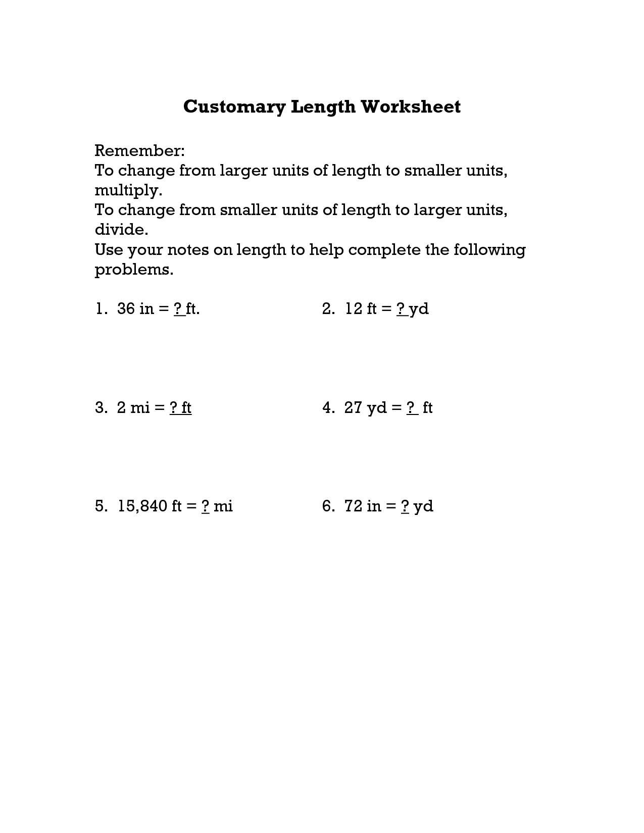 Converting Customary Units Worksheet Length