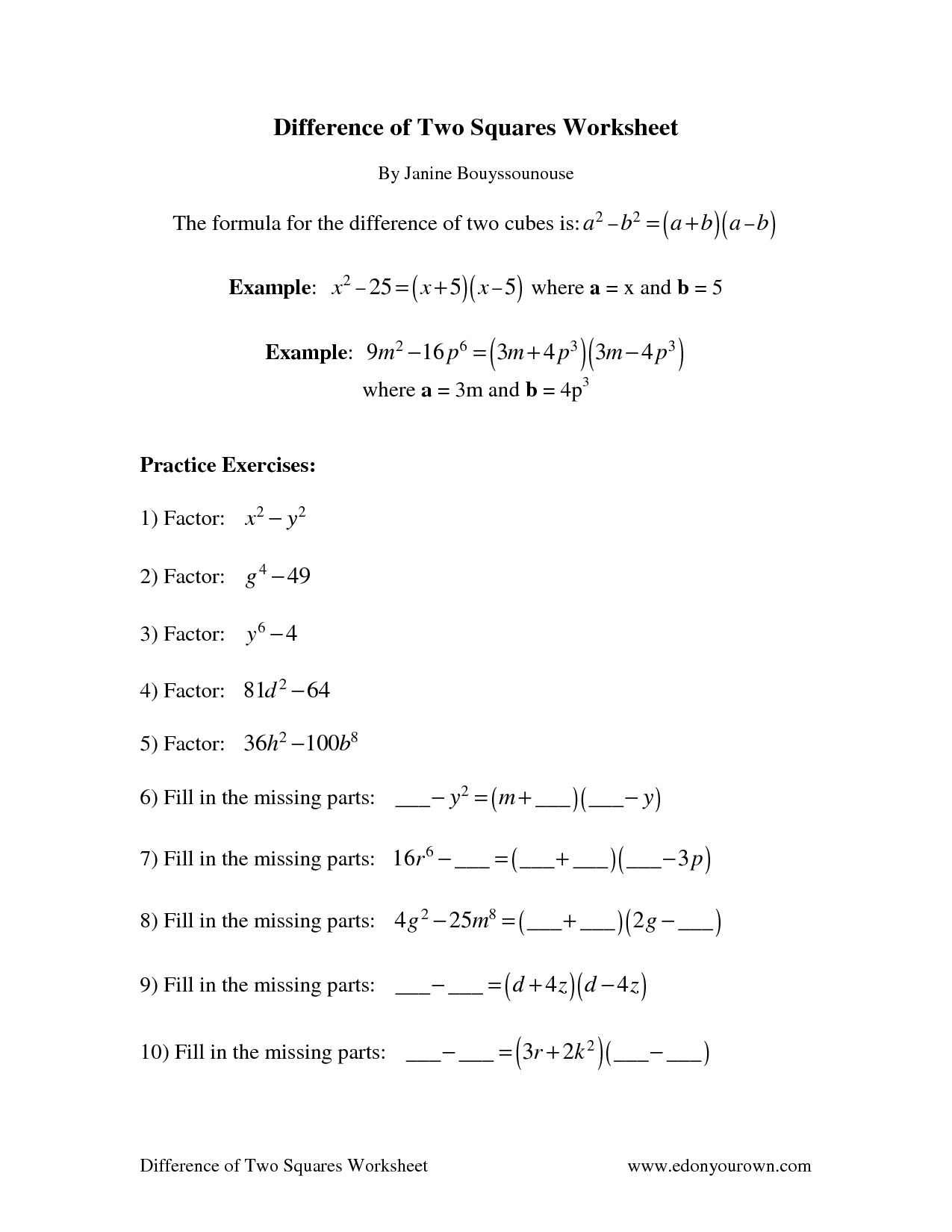 11 Best Images of Worksheets Multiplying Difference Of Squares  Factoring by Grouping Worksheet 