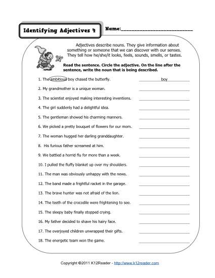 Identifying Adjectives Worksheet 4th Grade