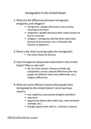 Immigration United States Worksheets