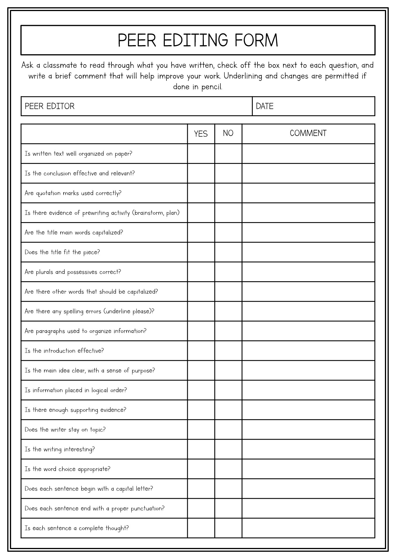 Research Essay Peer Editing Worksheet Research Essay Peer Editing Worksheet