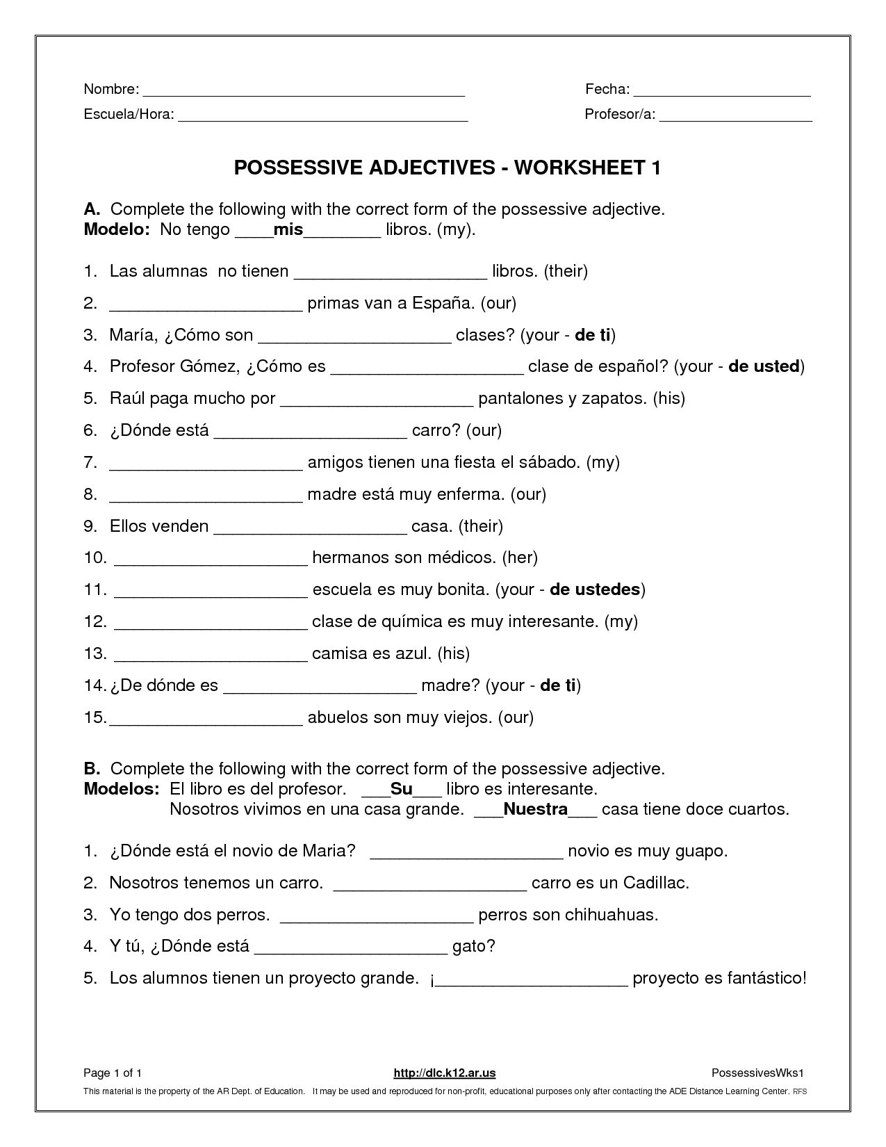Free Spanish Possessive Adjectives Worksheet And Answer Key