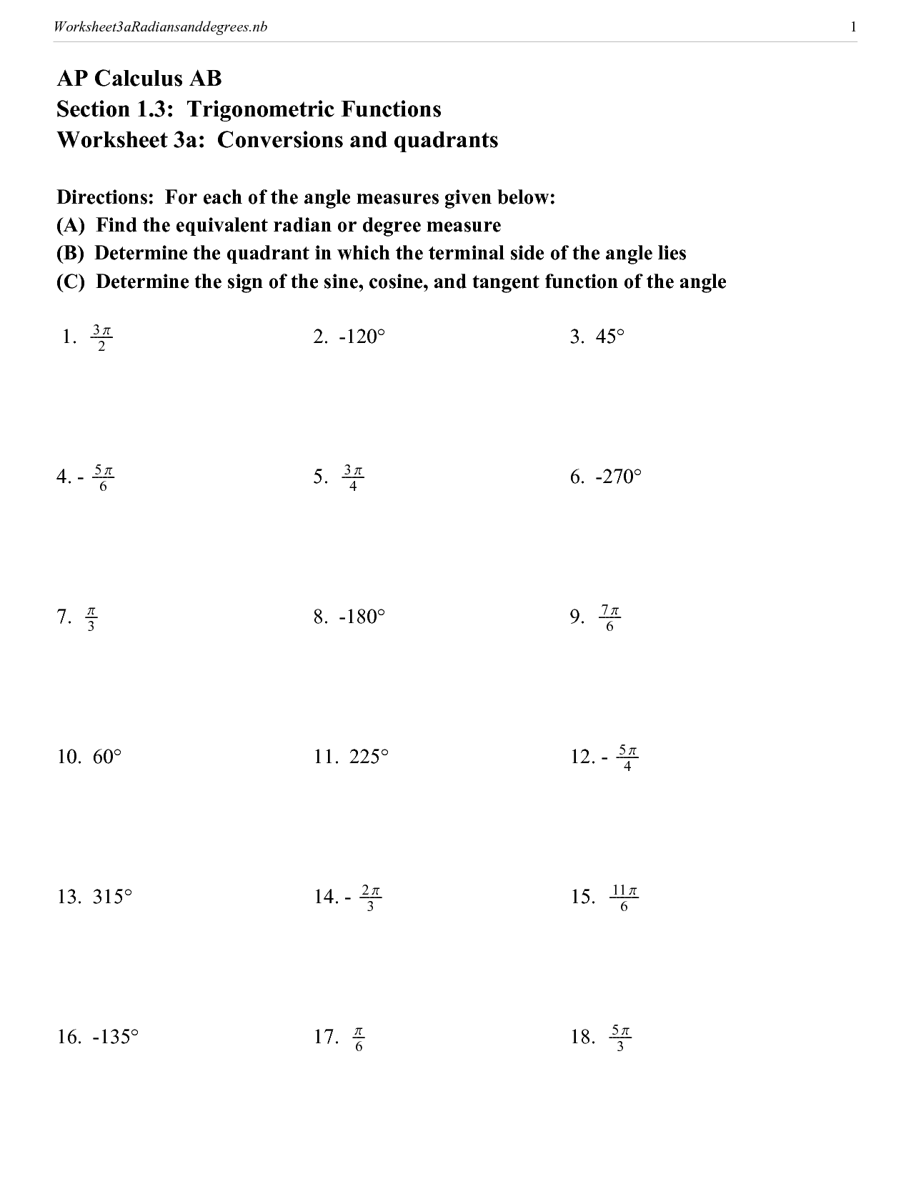 Trigonometric Functions Worksheet With Answers Pdf