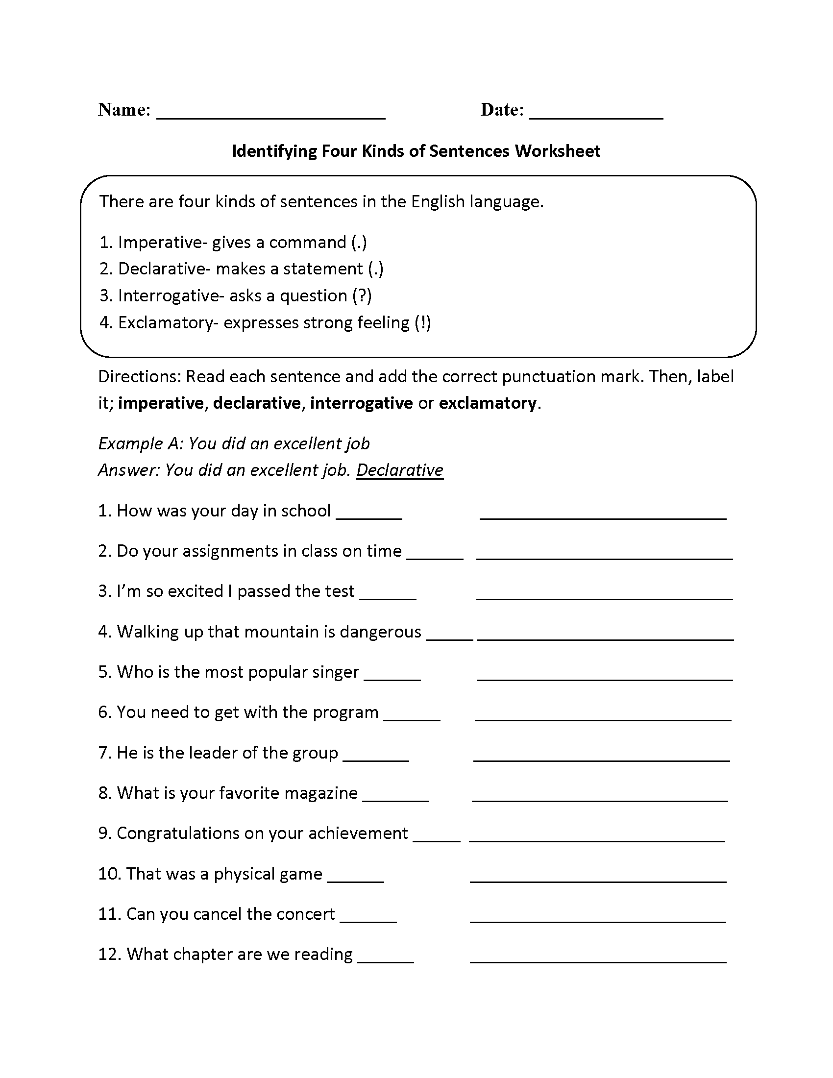 Class 4 Kinds Of Sentences Worksheet