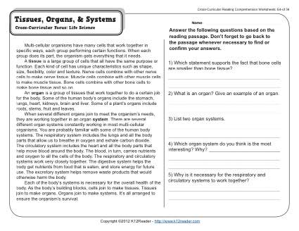 Worksheets 5th Grade Science Tissues and Organs