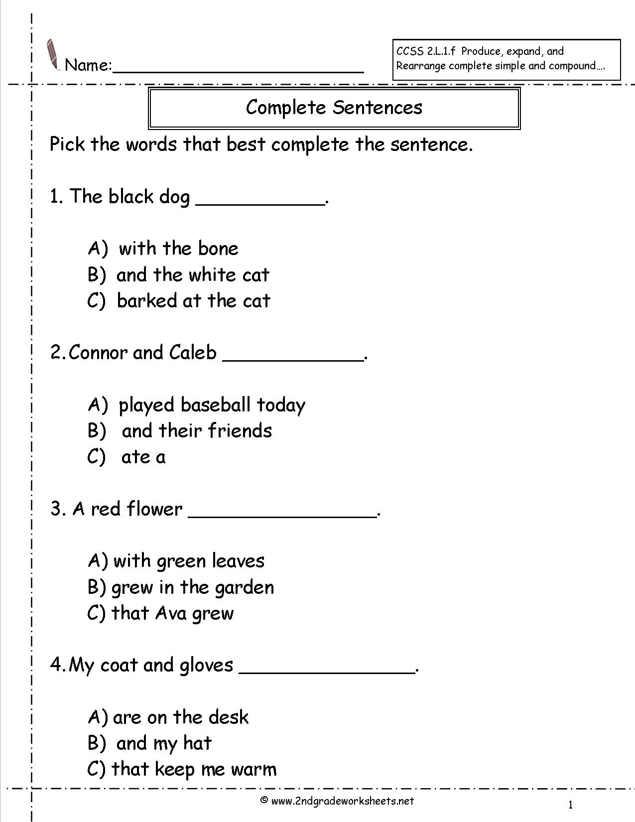 Free Second Grade Sentence Worksheets