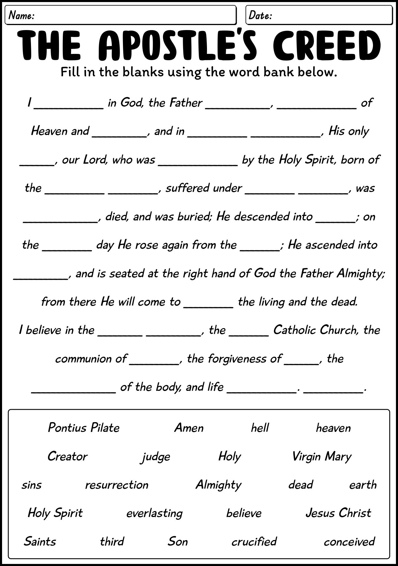 18 Best Images Of Apostles Creed Worksheet Catholic Nicene Creed