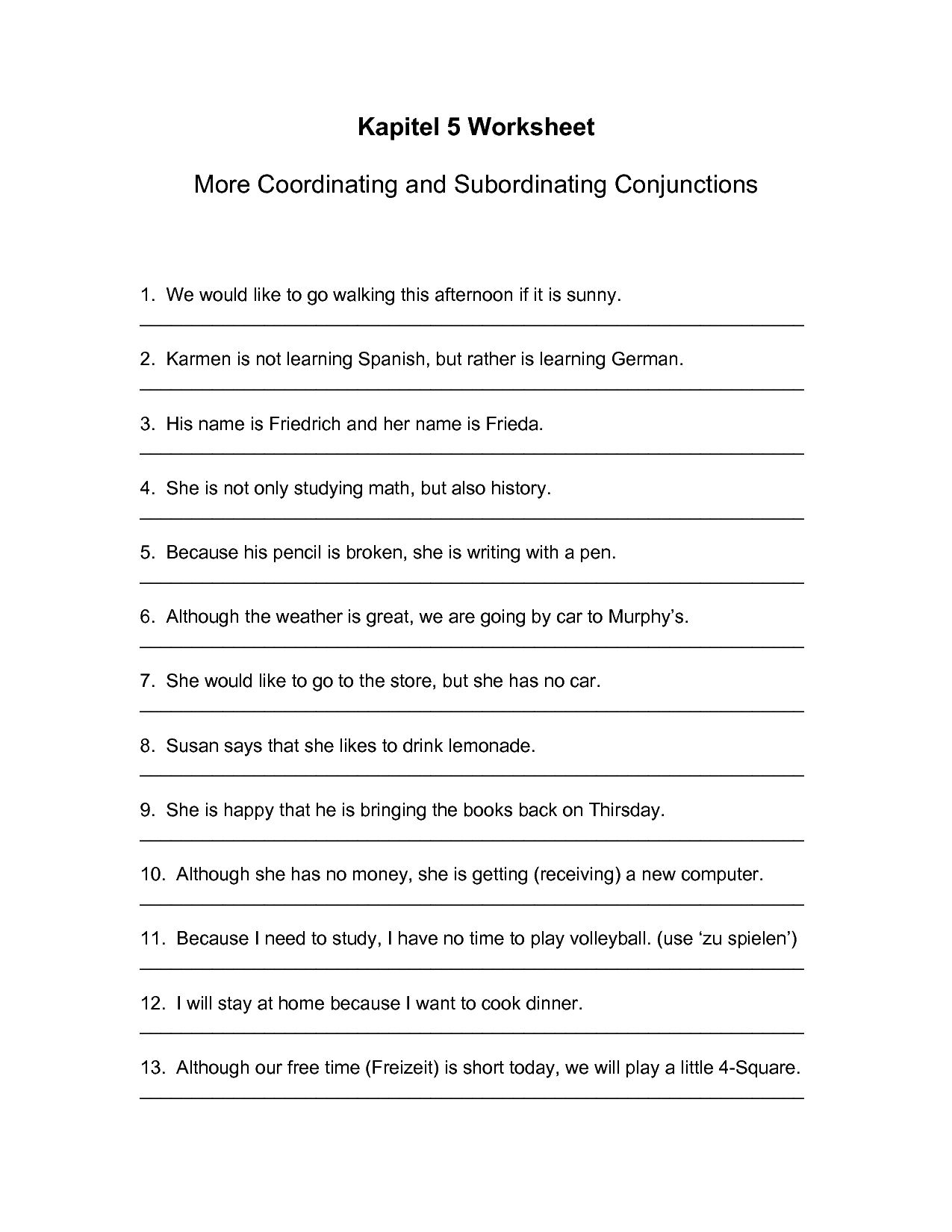 Worksheet On Subordinating Conjunctions