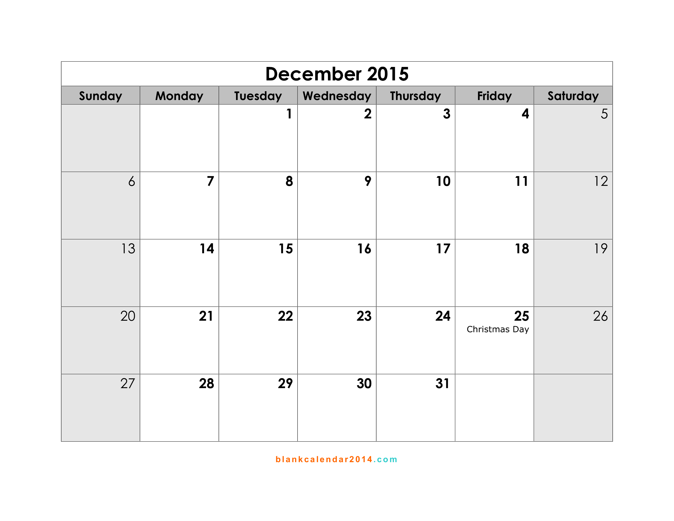 December 2015 Calendar Printable Template