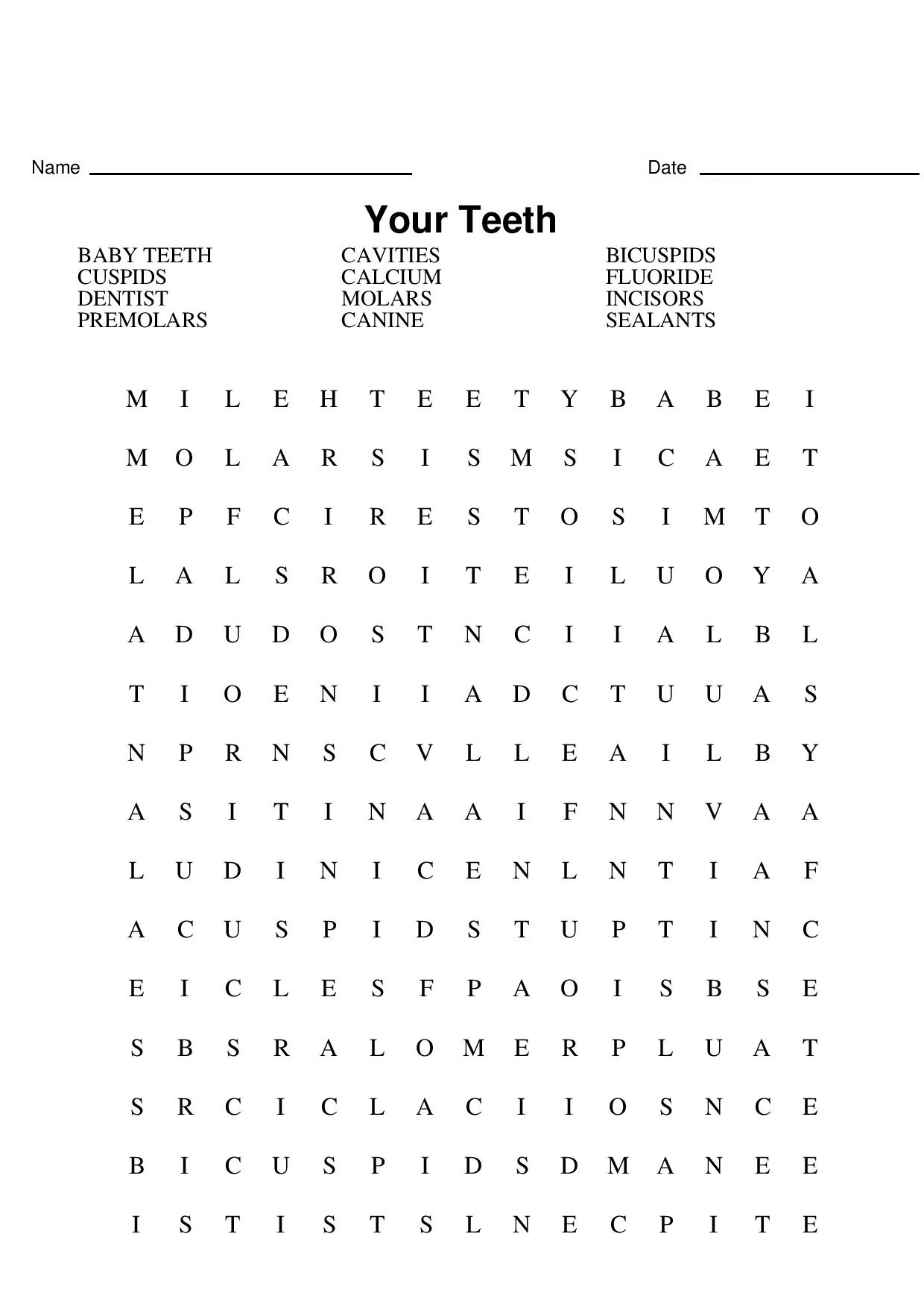 Dental Hygiene Word Search
