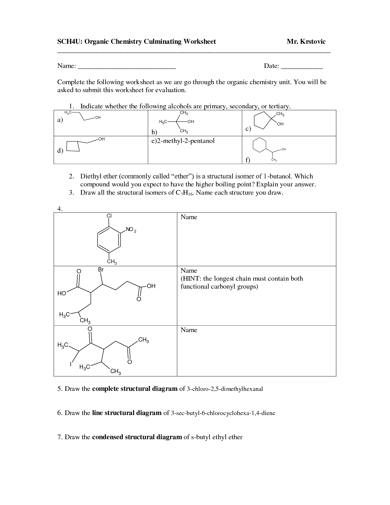 Organic Molecules Worksheet Answer Key