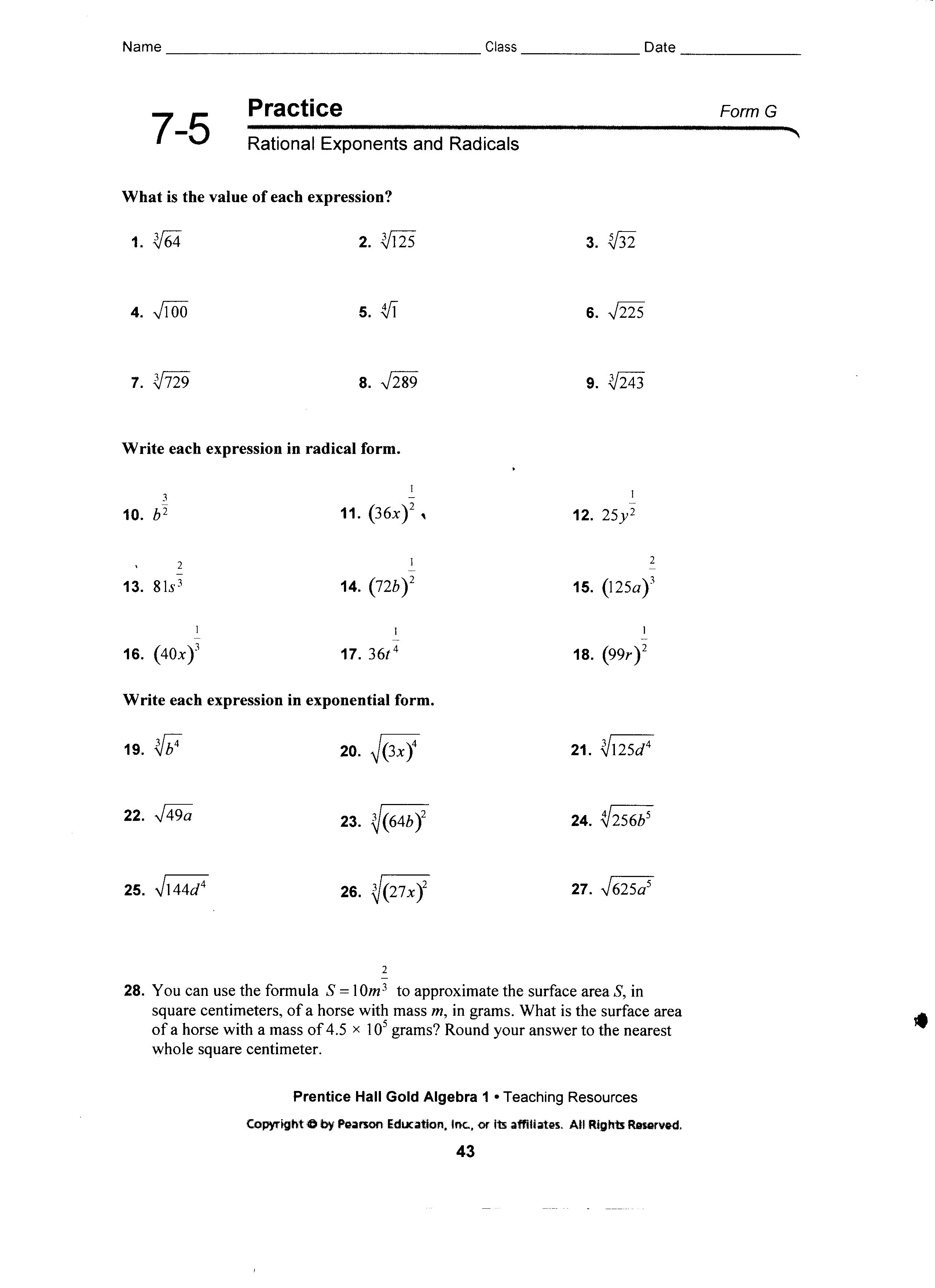 Simplifying Radicals Practice Worksheet