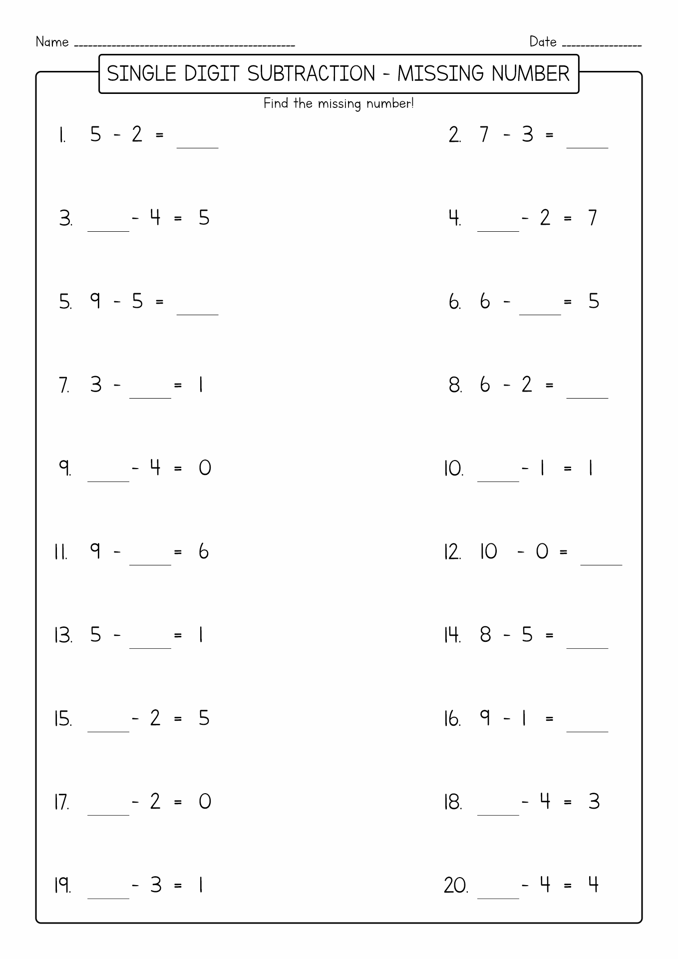 Subtraction Worksheets Missing Numbers