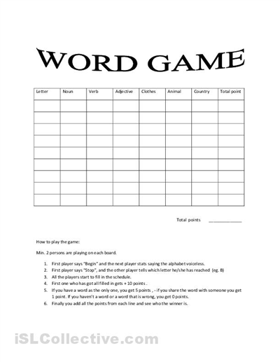 Word Game Worksheets High School