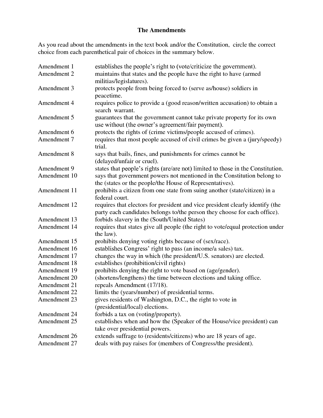 27 Amendments Worksheet