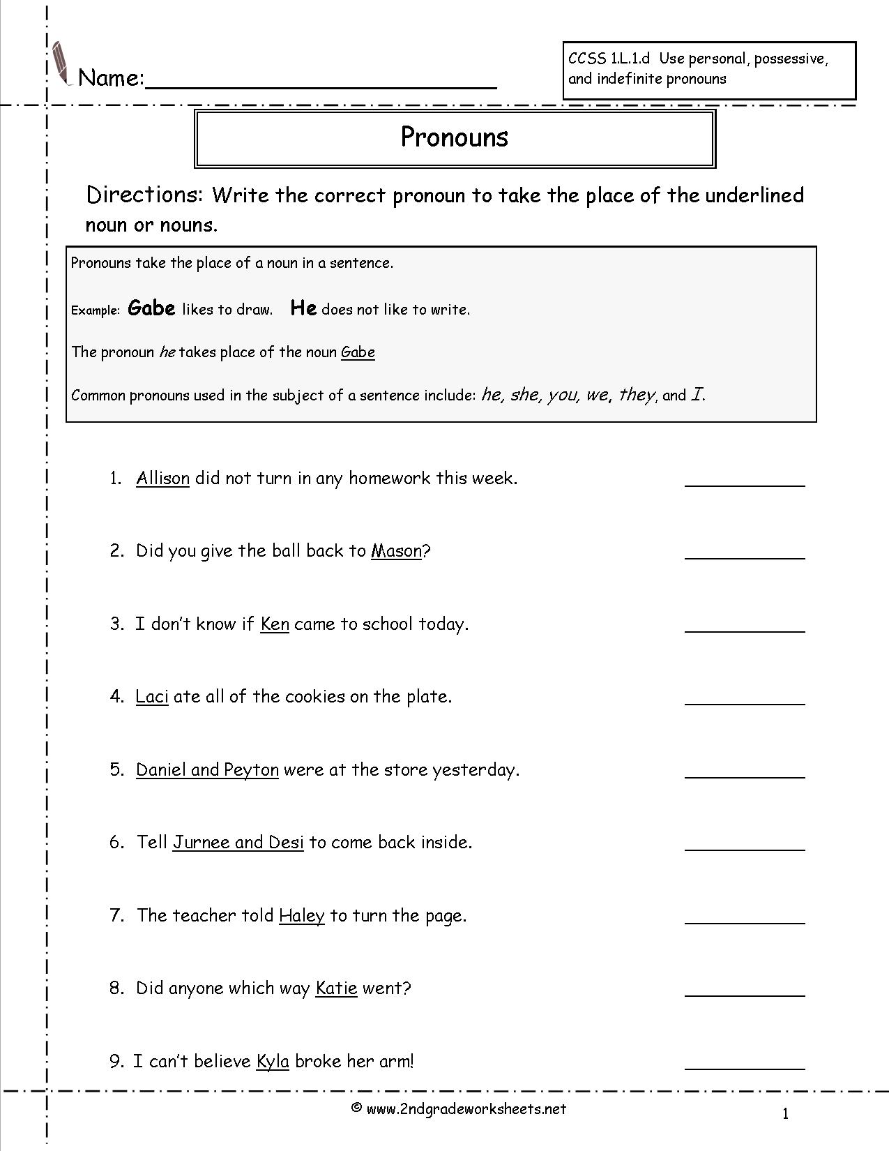 2nd Grade Pronoun Worksheet