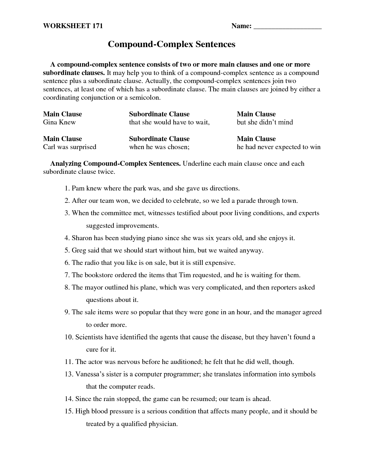 Compound Complex Sentences Worksheet With Answers