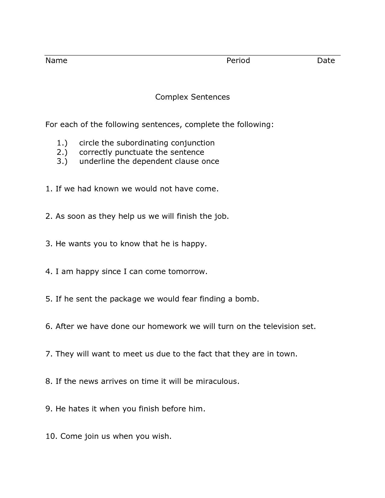 Complex Sentence Worksheets