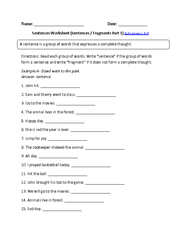Fragment Sentence Worksheets 4th Grade