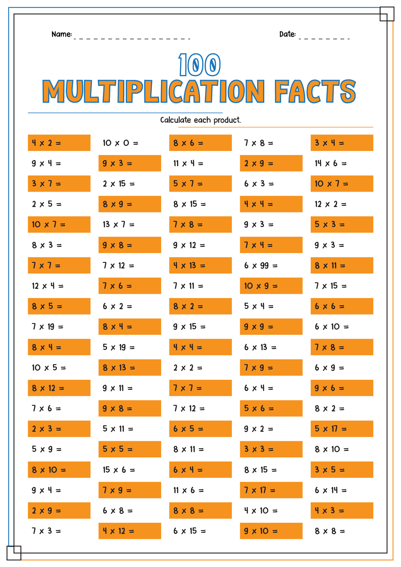 Multiplication Math Facts Worksheets 100 Problems