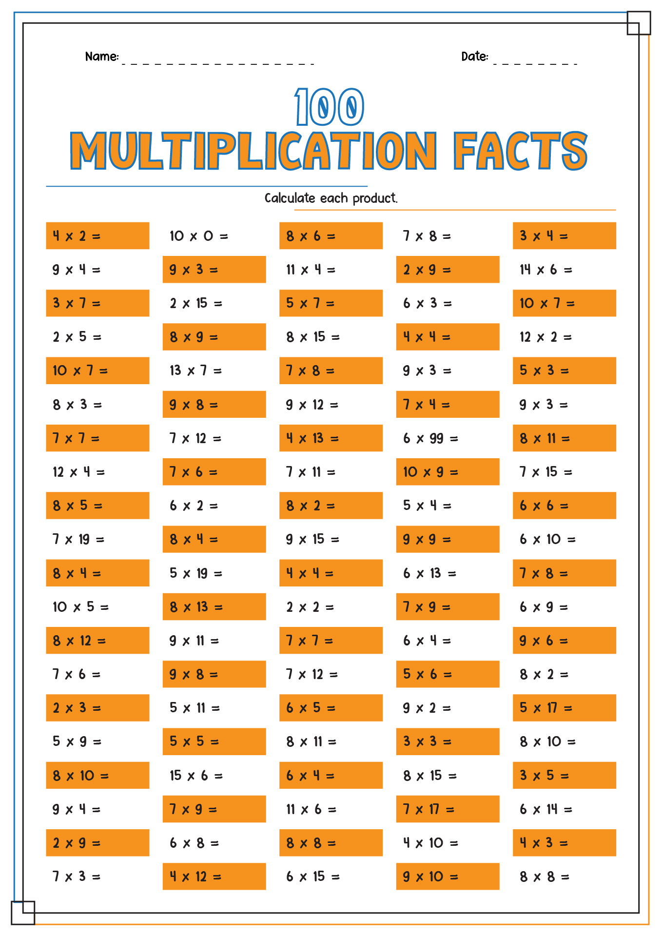 Math 100 Multiplication Worksheets