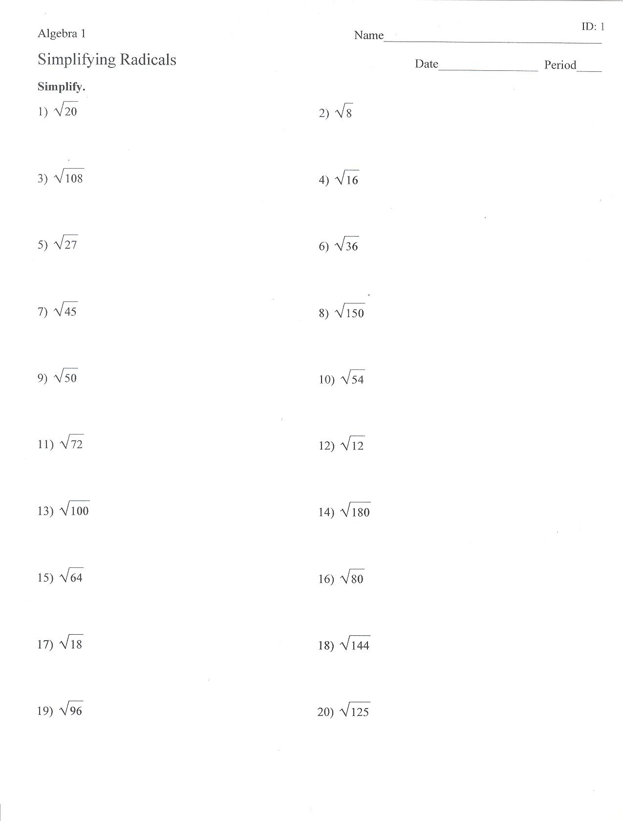 Simplifying Radicals Worksheet Answers