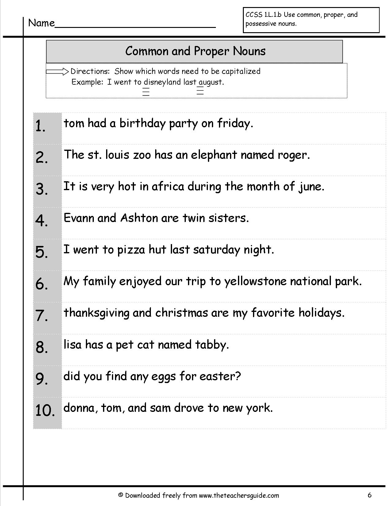 Common and Proper Noun Worksheet First Grade