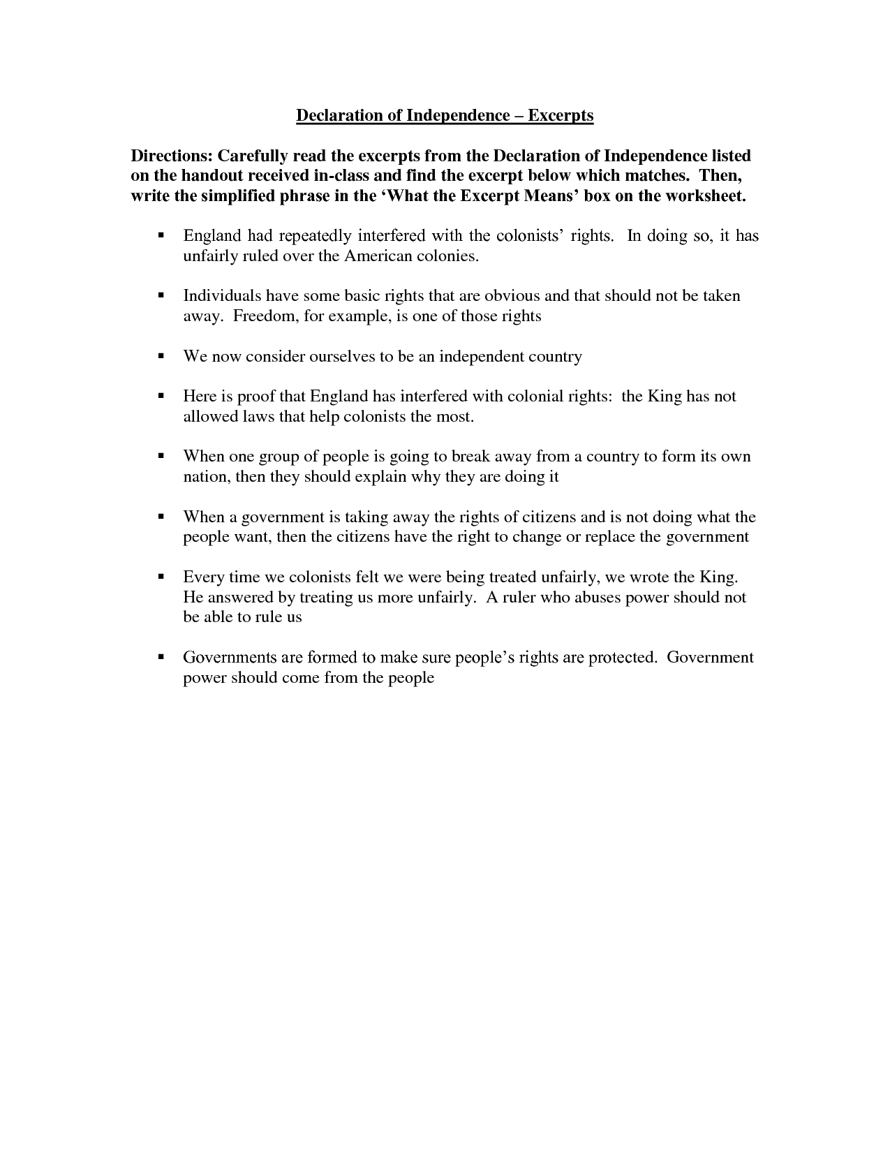 Declaration Of Independence Worksheet Answers