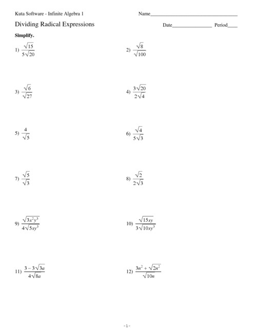 Dividing Radical Expressions Worksheet