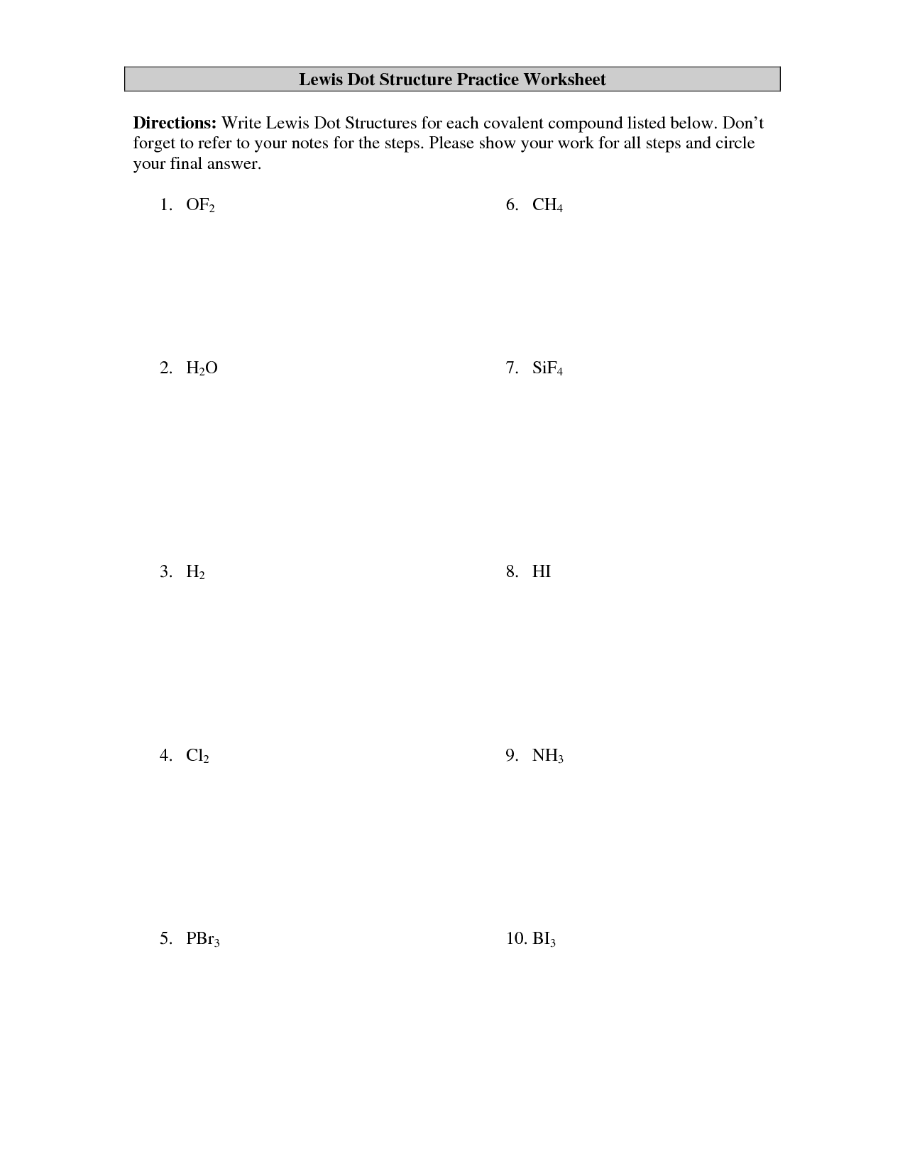 Drawing Lewis Structures Worksheet