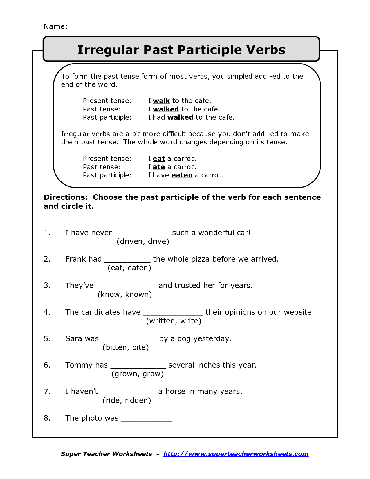 Past And Past Participle Worksheets